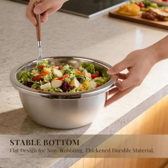 Alt view image 3 of 7 - 3-Piece Metal Mixing Bowl Set, Stainless Steel, Nesting | 1.3, 3.5 and 7.4 qt sizes with wide rolled rims, flat bases and deep bowls for baking, dough and salad prep