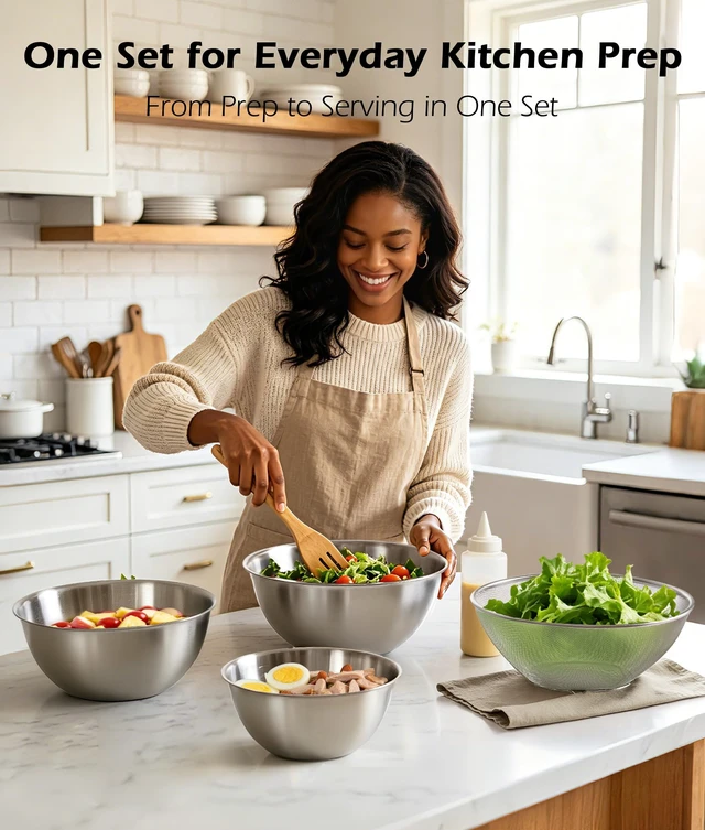 Alt view image 2 of 7 - Stainless Steel Mixing Bowls Set of 4 with Colander, Nesting Metal Kitchen Bowls with Measurement Marks for Mixing, Prep, Salad & Baking, Dishwasher Safe