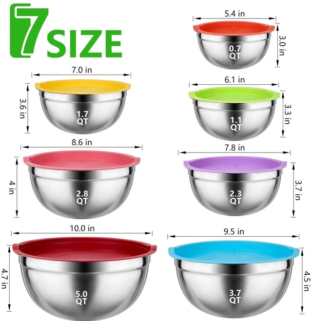 Alt view image 4 of 7 - Mixing Bowls with Lids Set, 25 PCS Colorful Mixing Bowl for Kitchen | Stainless Steel Nesting Bowls for Baking, Mixing, Serving & Prepping, Size 5, 3.7, 2.8, 2.3, 1.7, 1.1, 0.7QT, 11 Utensils