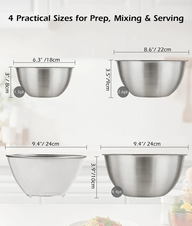 Alt view image 5 of 7 - Stainless Steel Mixing Bowls Set of 4 with Colander, Nesting Metal Kitchen Bowls with Measurement Marks for Mixing, Prep, Salad & Baking, Dishwasher Safe