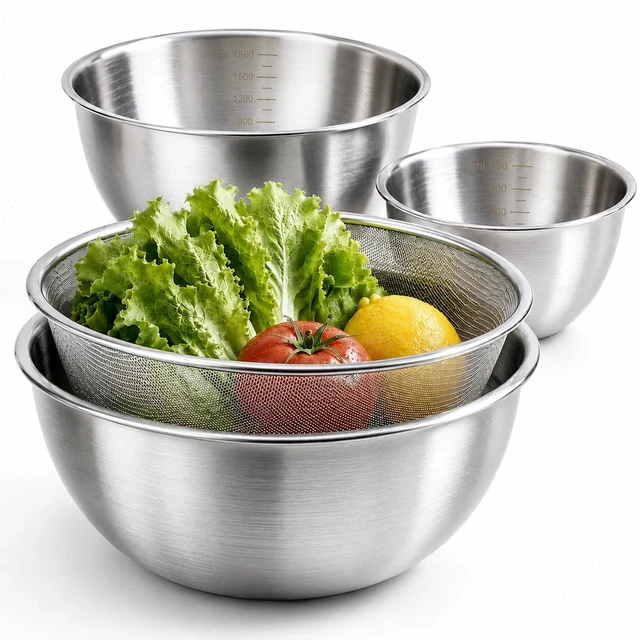 Main image of Stainless Steel Mixing Bowls Set of 4 with Colander, Nesting Metal Kitchen Bowls with Measurement Marks for Mixing, Prep, Salad & Baking, Dishwasher Safe