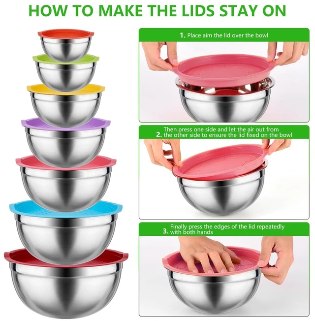 Alt view image 3 of 7 - Mixing Bowls with Lids Set, 25 PCS Colorful Mixing Bowl for Kitchen | Stainless Steel Nesting Bowls for Baking, Mixing, Serving & Prepping, Size 5, 3.7, 2.8, 2.3, 1.7, 1.1, 0.7QT, 11 Utensils