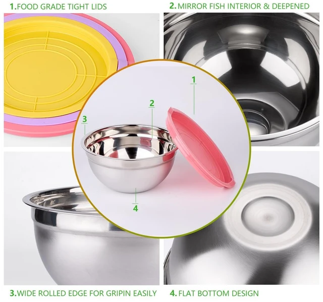 Alt view image 2 of 7 - Mixing Bowls with Lids Set, 25 PCS Colorful Mixing Bowl for Kitchen | Stainless Steel Nesting Bowls for Baking, Mixing, Serving & Prepping, Size 5, 3.7, 2.8, 2.3, 1.7, 1.1, 0.7QT, 11 Utensils