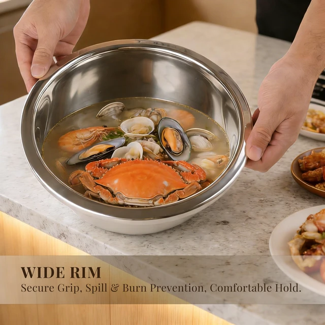 Alt view image 2 of 7 - 3-Piece Metal Mixing Bowl Set, Stainless Steel, Nesting | 1.3, 3.5 and 7.4 qt sizes with wide rolled rims, flat bases and deep bowls for baking, dough and salad prep