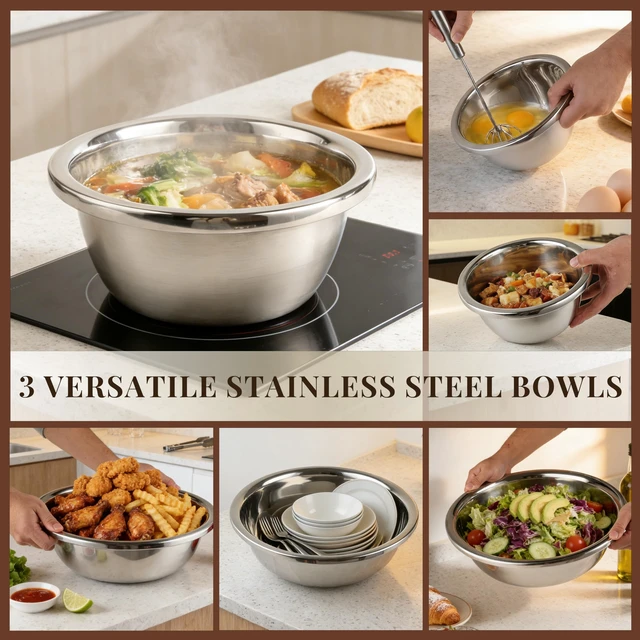 Alt view image 5 of 7 - 3-Piece Metal Mixing Bowl Set, Stainless Steel, Nesting | 1.3, 3.5 and 7.4 qt sizes with wide rolled rims, flat bases and deep bowls for baking, dough and salad prep