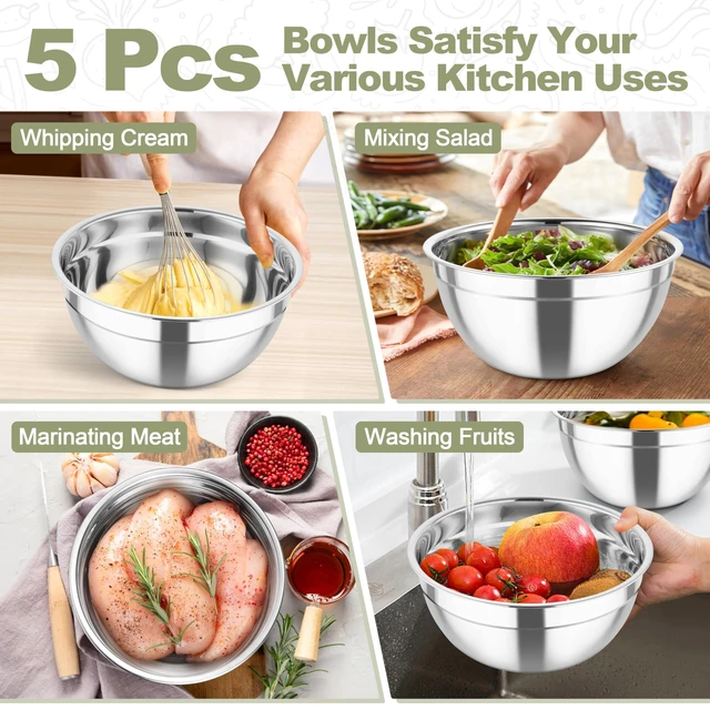 Alt view image 7 of 7 - Mixing Bowls, Stainless Steel Salad Serving Bowl with Clear Lids | with 3 Graters, For Kitchen Cooking Prepping Storing, Size 4.6/2.6/1.5/1/0.7 QT, Nesting & Airtight, Set of 5 & Khaki