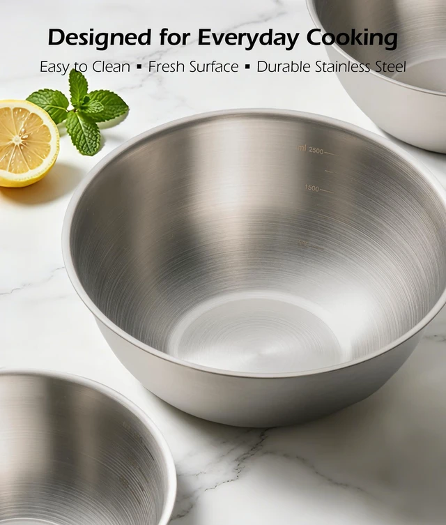 Alt view image 7 of 7 - Stainless Steel Mixing Bowls Set of 4 with Colander, Nesting Metal Kitchen Bowls with Measurement Marks for Mixing, Prep, Salad & Baking, Dishwasher Safe