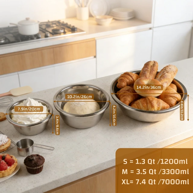 Alt view image 6 of 7 - 3-Piece Metal Mixing Bowl Set, Stainless Steel, Nesting | 1.3, 3.5 and 7.4 qt sizes with wide rolled rims, flat bases and deep bowls for baking, dough and salad prep