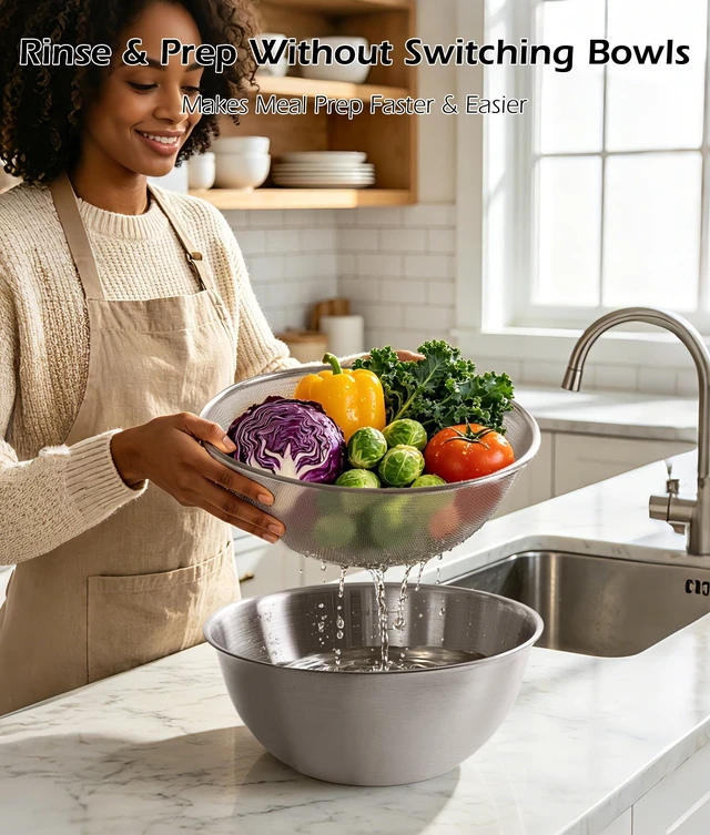 Alt view image 3 of 7 - Stainless Steel Mixing Bowls Set of 4 with Colander, Nesting Metal Kitchen Bowls with Measurement Marks for Mixing, Prep, Salad & Baking, Dishwasher Safe