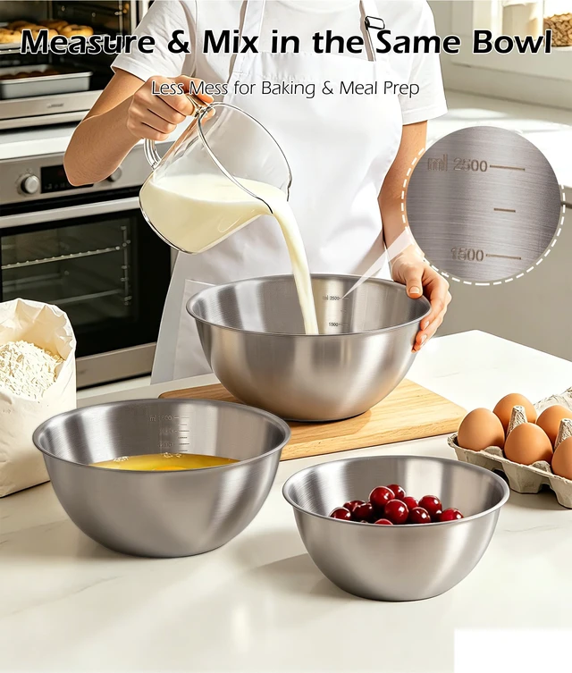 Alt view image 4 of 7 - Stainless Steel Mixing Bowls Set of 4 with Colander, Nesting Metal Kitchen Bowls with Measurement Marks for Mixing, Prep, Salad & Baking, Dishwasher Safe