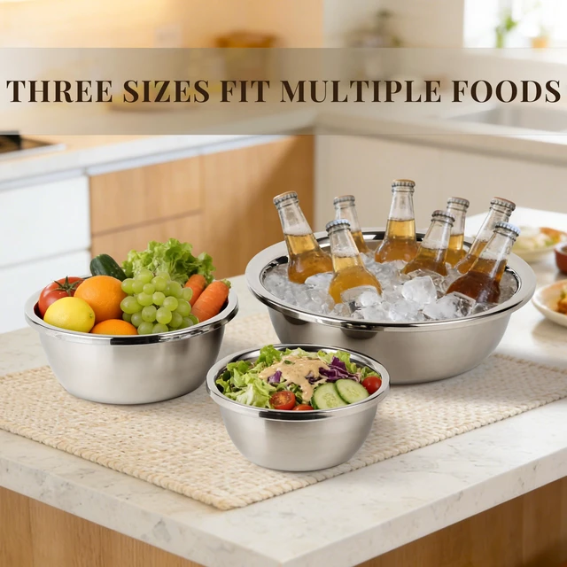 Alt view image 7 of 7 - 3-Piece Metal Mixing Bowl Set, Stainless Steel, Nesting | 1.3, 3.5 and 7.4 qt sizes with wide rolled rims, flat bases and deep bowls for baking, dough and salad prep