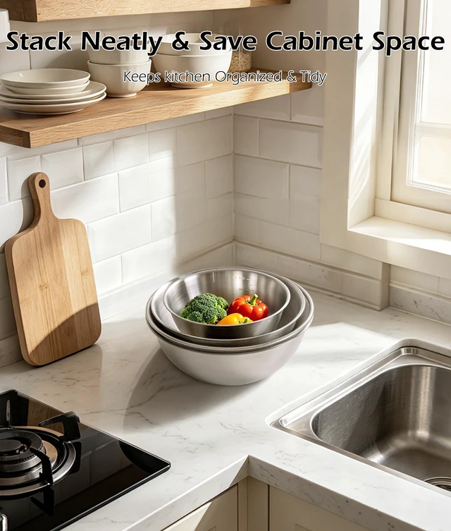 Alt view image 6 of 7 - Stainless Steel Mixing Bowls Set of 4 with Colander, Nesting Metal Kitchen Bowls with Measurement Marks for Mixing, Prep, Salad & Baking, Dishwasher Safe