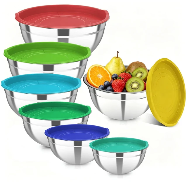 Main image of Stainless Steel Mixing Bowls with Color Lids, 7-Piece Set | Includes 7 bowls (0.7-4.5 QT) with colorful lids, stackable stainless steel mixing bowls for baking, serving and storage