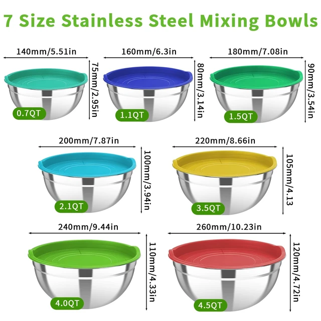 Alt view image 2 of 7 - Stainless Steel Mixing Bowls with Color Lids, 7-Piece Set | Includes 7 bowls (0.7-4.5 QT) with colorful lids, stackable stainless steel mixing bowls for baking, serving and storage