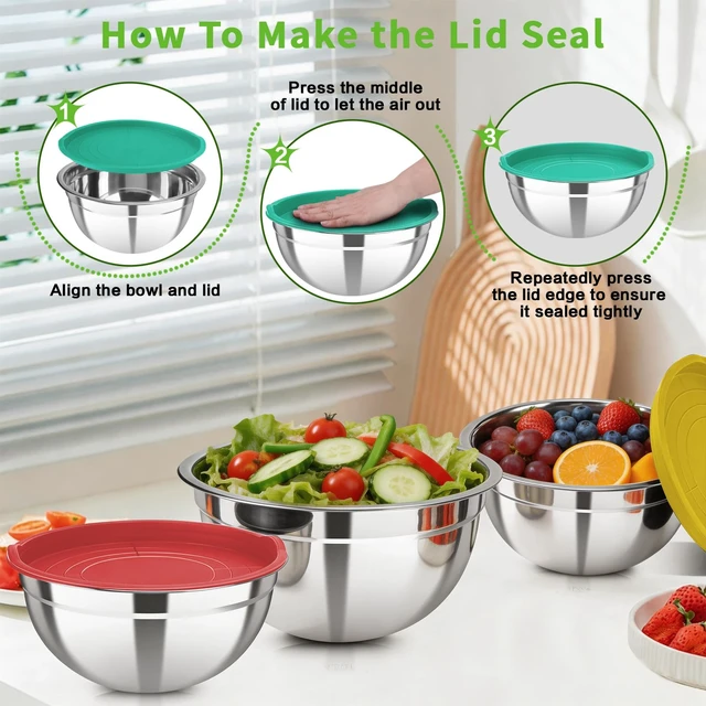 Alt view image 6 of 7 - Stainless Steel Mixing Bowls with Color Lids, 7-Piece Set | Includes 7 bowls (0.7-4.5 QT) with colorful lids, stackable stainless steel mixing bowls for baking, serving and storage
