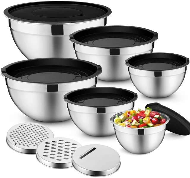 Main image of Mixing Bowls with Lids Set of 6, Nesting Salad Bowl, Black | Stainless Steel Bowl & 3 Grater Attachments & Plastic Lid, For Prepping Baking Storing, Sizes with 4.6/2.6/2/1.5/1/0.7 QT