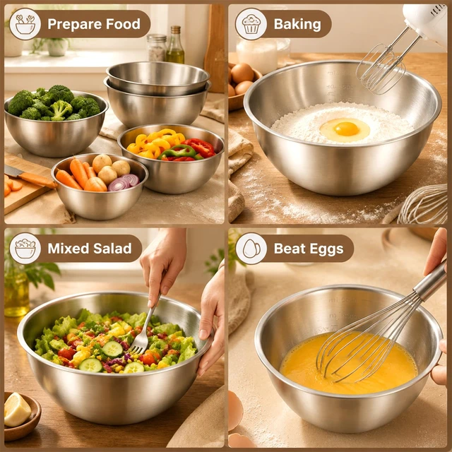 Alt view image 4 of 7 - 12Pcs Stainless Steel Mixing Bowls with Graduations for Kitchen Home | Metal Serving Salad Bowls Reusable Baking Food Storage Containers for Baking Cooking Salads Soups Fruits Cereal Noodles