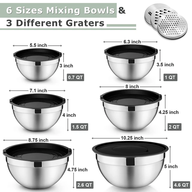 Alt view image 2 of 7 - Mixing Bowls with Lids Set of 6, Nesting Salad Bowl, Black | Stainless Steel Bowl & 3 Grater Attachments & Plastic Lid, For Prepping Baking Storing, Sizes with 4.6/2.6/2/1.5/1/0.7 QT