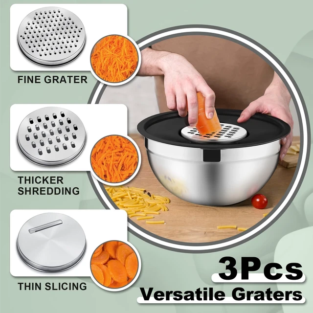 Alt view image 3 of 7 - Mixing Bowls with Lids Set of 6, Nesting Salad Bowl, Black | Stainless Steel Bowl & 3 Grater Attachments & Plastic Lid, For Prepping Baking Storing, Sizes with 4.6/2.6/2/1.5/1/0.7 QT