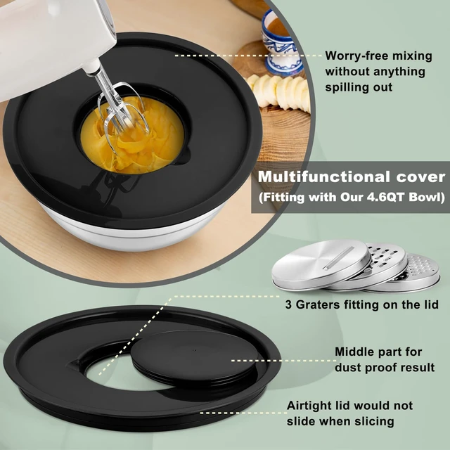 Alt view image 4 of 7 - Mixing Bowls with Lids Set of 6, Nesting Salad Bowl, Black | Stainless Steel Bowl & 3 Grater Attachments & Plastic Lid, For Prepping Baking Storing, Sizes with 4.6/2.6/2/1.5/1/0.7 QT