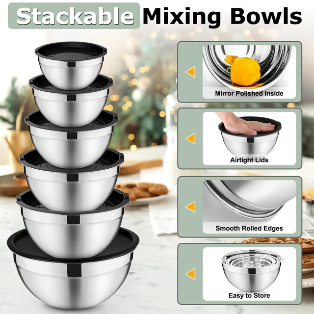Alt view image 5 of 7 - Mixing Bowls with Lids Set of 6, Nesting Salad Bowl, Black | Stainless Steel Bowl & 3 Grater Attachments & Plastic Lid, For Prepping Baking Storing, Sizes with 4.6/2.6/2/1.5/1/0.7 QT