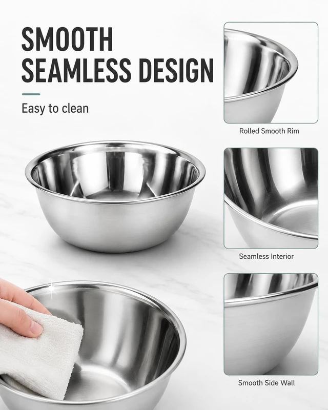 Alt view image 2 of 7 - 3 Pack Stainless Steel Mixing Bowls, Reusable Seamless Metal Bowls | Small Stackable Bowls for Baking Serving Cooking Food Prep & Dressings Fluid, Storage Dishwasher Safe 4. 7"/5. 5"/6. 3"
