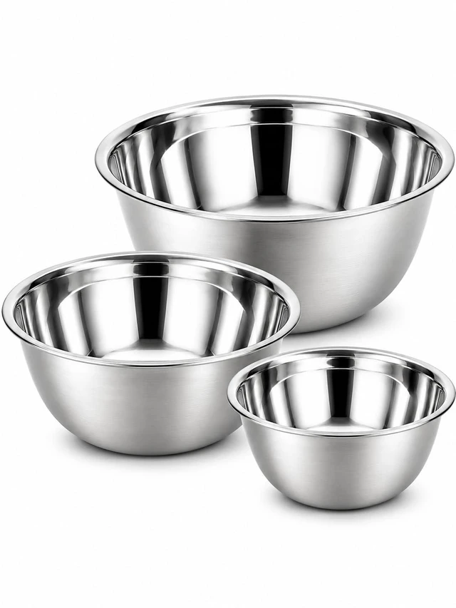 Main image of 3 Pack Stainless Steel Mixing Bowls, Reusable Seamless Metal Bowls | Small Stackable Bowls for Baking Serving Cooking Food Prep & Dressings Fluid, Storage Dishwasher Safe 4. 7"/5. 5"/6. 3"
