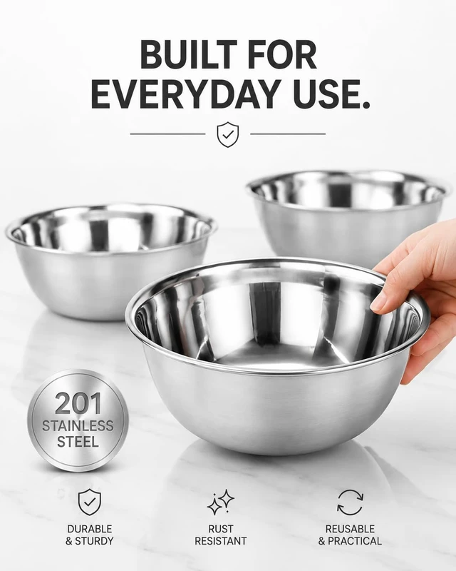 Alt view image 4 of 7 - 3 Pack Stainless Steel Mixing Bowls, Reusable Seamless Metal Bowls | Small Stackable Bowls for Baking Serving Cooking Food Prep & Dressings Fluid, Storage Dishwasher Safe 4. 7"/5. 5"/6. 3"