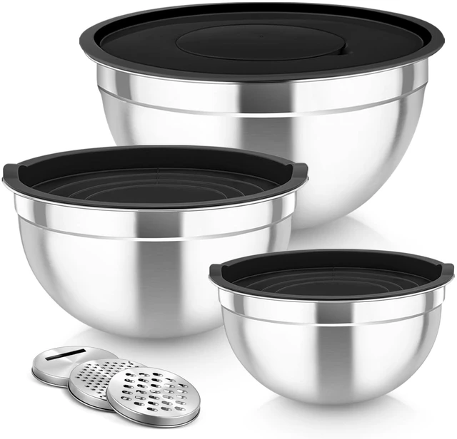 Main image of Mixing Bowls, Stainless Steel Nesting Salad Bowls Set | Mixing Bowls with Lids & 3 Grater Attachments, For Mixing/Serving/Storing, Non-toxic & Long-lasting, 4.6/3/1.5 QT, Black