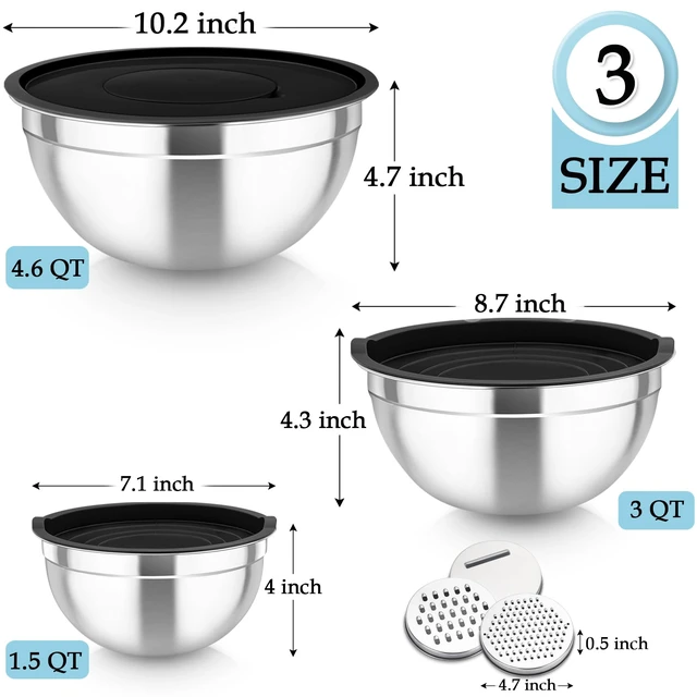 Alt view image 2 of 7 - Mixing Bowls, Stainless Steel Nesting Salad Bowls Set | Mixing Bowls with Lids & 3 Grater Attachments, For Mixing/Serving/Storing, Non-toxic & Long-lasting, 4.6/3/1.5 QT, Black