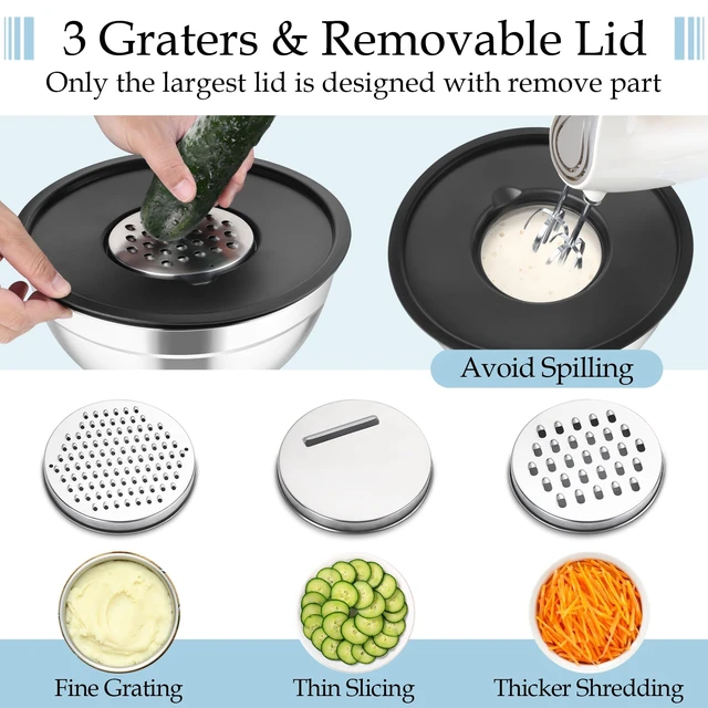 Alt view image 3 of 7 - Mixing Bowls, Stainless Steel Nesting Salad Bowls Set | Mixing Bowls with Lids & 3 Grater Attachments, For Mixing/Serving/Storing, Non-toxic & Long-lasting, 4.6/3/1.5 QT, Black