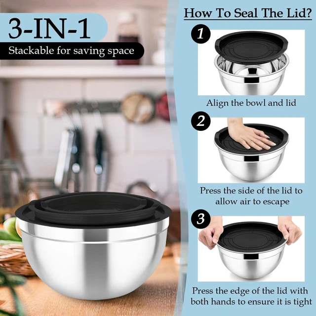 Alt view image 6 of 7 - Mixing Bowls, Stainless Steel Nesting Salad Bowls Set | Mixing Bowls with Lids & 3 Grater Attachments, For Mixing/Serving/Storing, Non-toxic & Long-lasting, 4.6/3/1.5 QT, Black