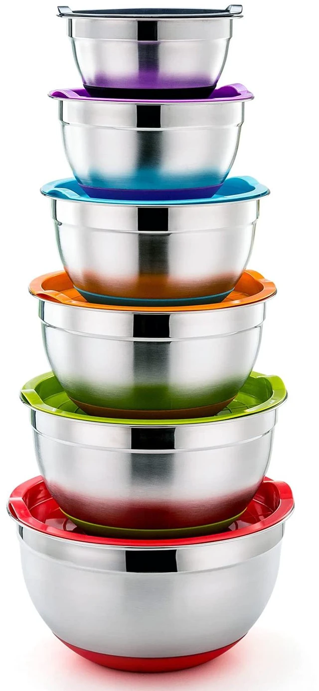 Main image of Stainless Steel Mixing Bowls With Lids, Set of 6, Multicolor | Salad Nesting Mixing Bowls & Fitting Lids & Non-Slip Silicone Bottom, Ideal for Mixing, Storing, Size 0.7/1/1.5/2.5/3/4.6 Qt