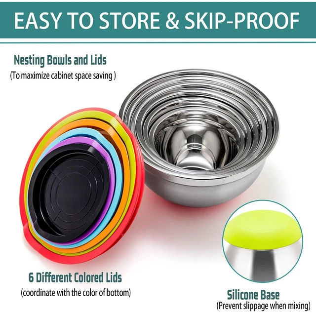 Alt view image 2 of 7 - Stainless Steel Mixing Bowls With Lids, Set of 6, Multicolor | Salad Nesting Mixing Bowls & Fitting Lids & Non-Slip Silicone Bottom, Ideal for Mixing, Storing, Size 0.7/1/1.5/2.5/3/4.6 Qt
