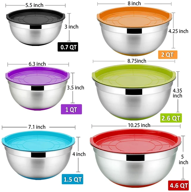 Alt view image 3 of 7 - Stainless Steel Mixing Bowls With Lids, Set of 6, Multicolor | Salad Nesting Mixing Bowls & Fitting Lids & Non-Slip Silicone Bottom, Ideal for Mixing, Storing, Size 0.7/1/1.5/2.5/3/4.6 Qt