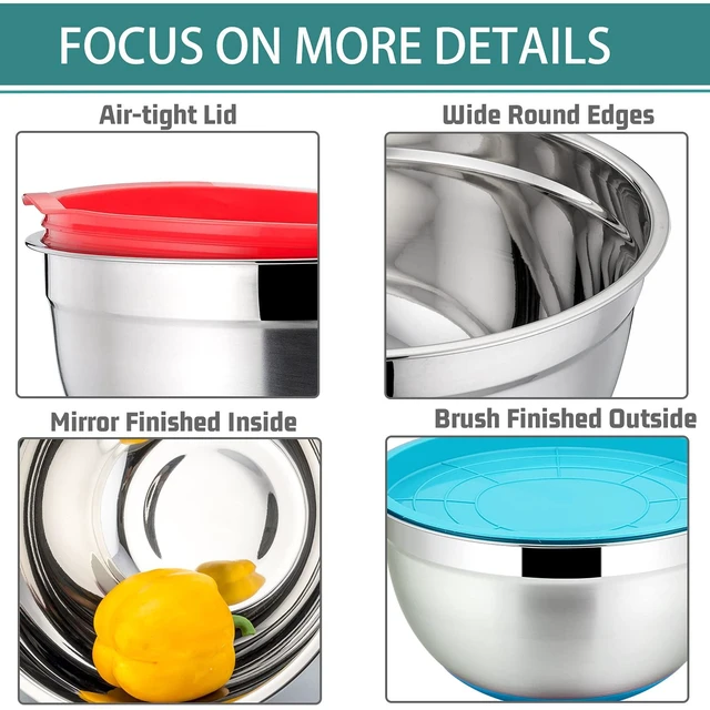 Alt view image 6 of 7 - Stainless Steel Mixing Bowls With Lids, Set of 6, Multicolor | Salad Nesting Mixing Bowls & Fitting Lids & Non-Slip Silicone Bottom, Ideal for Mixing, Storing, Size 0.7/1/1.5/2.5/3/4.6 Qt