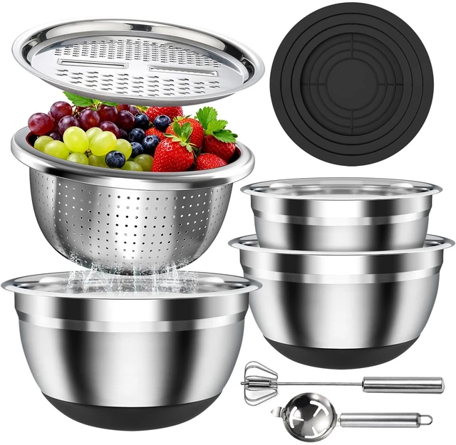 Main image of Stainless Steel Mixing Bowls Set with Lids & Silicone Base,7Piece Set | Including 4 Nesting Bowls (1.5, 2, 2.5, 4.5 QT), Colander, Grater, Egg Separator, Dishwasher Safe, Black