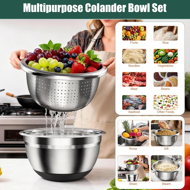 Alt view image 2 of 7 - Stainless Steel Mixing Bowls Set with Lids & Silicone Base,7Piece Set | Including 4 Nesting Bowls (1.5, 2, 2.5, 4.5 QT), Colander, Grater, Egg Separator, Dishwasher Safe, Black