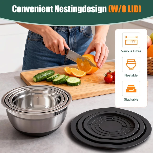 Alt view image 3 of 7 - Stainless Steel Mixing Bowls Set with Lids & Silicone Base,7Piece Set | Including 4 Nesting Bowls (1.5, 2, 2.5, 4.5 QT), Colander, Grater, Egg Separator, Dishwasher Safe, Black