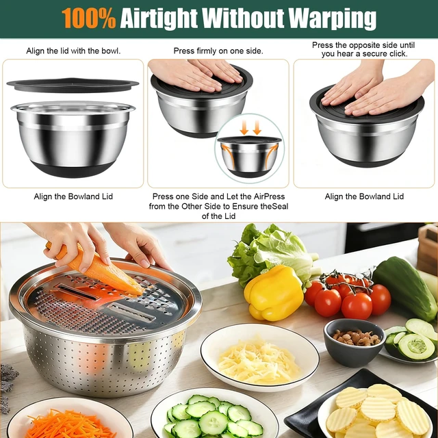 Alt view image 7 of 7 - Stainless Steel Mixing Bowls Set with Lids & Silicone Base,7Piece Set | Including 4 Nesting Bowls (1.5, 2, 2.5, 4.5 QT), Colander, Grater, Egg Separator, Dishwasher Safe, Black