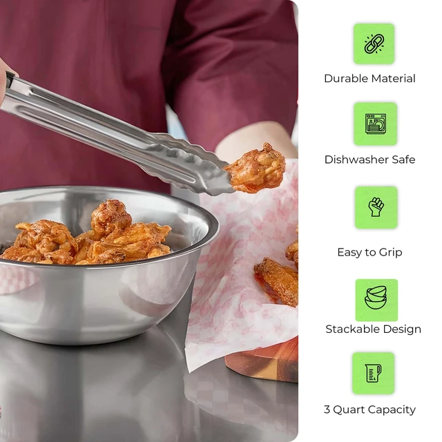 Alt view image 4 of 6 - 2-Pack 3 Quart Mixing Bowls | 9.75-Inch Stainless Steel | Professional Grade Flat Base Mixing Bowls for Home and Commercial Kitchens | Dishwasher Safe