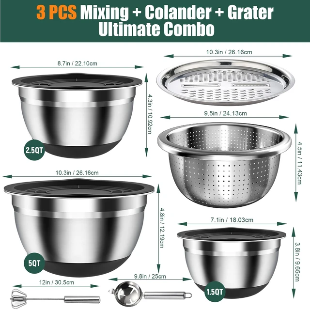 Alt view image 6 of 7 - Stainless Steel Mixing Bowls Set with Lids & Silicone Base,7Piece Set | Including 4 Nesting Bowls (1.5, 2, 2.5, 4.5 QT), Colander, Grater, Egg Separator, Dishwasher Safe, Black