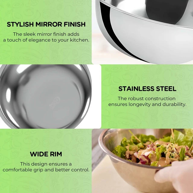 Alt view image 5 of 6 - 2-Pack 3 Quart Mixing Bowls | 9.75-Inch Stainless Steel | Professional Grade Flat Base Mixing Bowls for Home and Commercial Kitchens | Dishwasher Safe