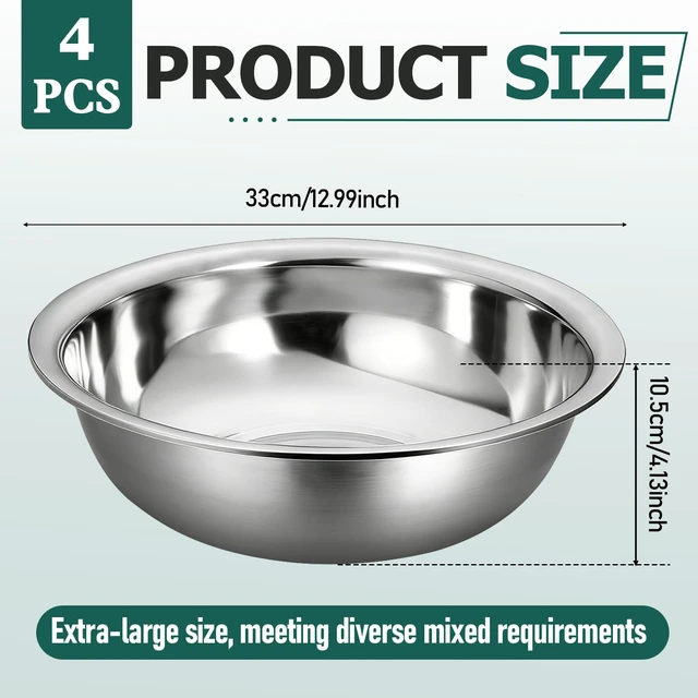 Alt view image 2 of 7 - 4 Pcs Stainless Steel Mixing Bowls, 13 Inch Diameter Extra Large Salad Basin Durable Metal Bowls for Kitchen Dishwasher Safe Mirror Finish