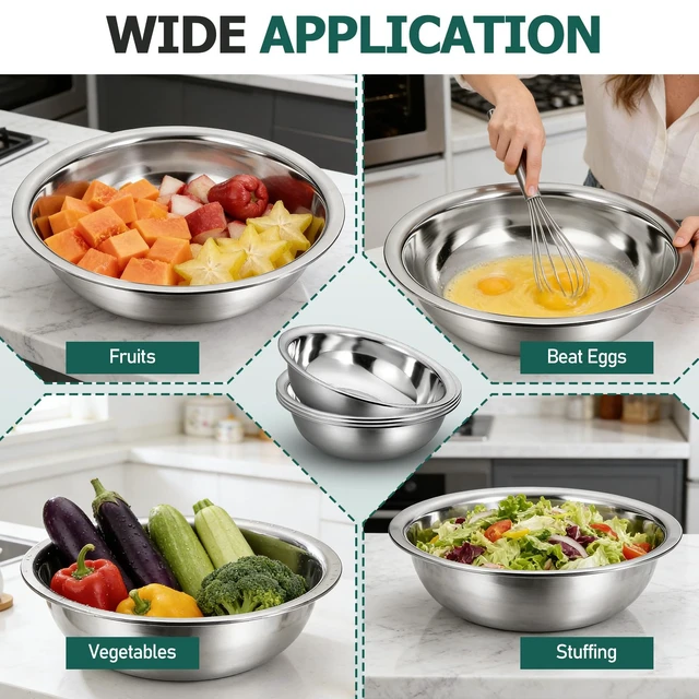 Alt view image 5 of 7 - 4 Pcs Stainless Steel Mixing Bowls, 13 Inch Diameter Extra Large Salad Basin Durable Metal Bowls for Kitchen Dishwasher Safe Mirror Finish