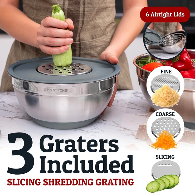 Alt view image 3 of 7 - 6pc Stainless Steel Mixing Bowls with Lids Set, 7 Qt, Grey | Non-Slip Nesting Bowls, 3 Graters and Interior Measurement Marks; For Meal Prep, Baking and Airtight Fridge Storage