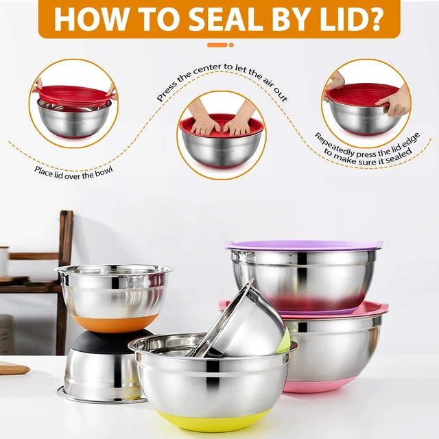 Alt view image 3 of 7 - Mixing Bowls with Airtight Lids, 18pcs Stainless Steel Mixing Bowls Set | Nesting Non-slip Silicone Bowls Bottom, Size 4.5, 3.6, 2.7, 2.1, 1.7, 1.1, 0.7 qt, Fit for Mixing & Serving(Colorful )