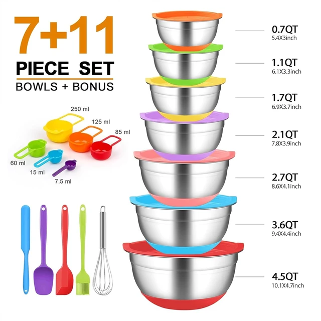 Alt view image 4 of 7 - Mixing Bowls with Airtight Lids, 18pcs Stainless Steel Mixing Bowls Set | Nesting Non-slip Silicone Bowls Bottom, Size 4.5, 3.6, 2.7, 2.1, 1.7, 1.1, 0.7 qt, Fit for Mixing & Serving(Colorful )