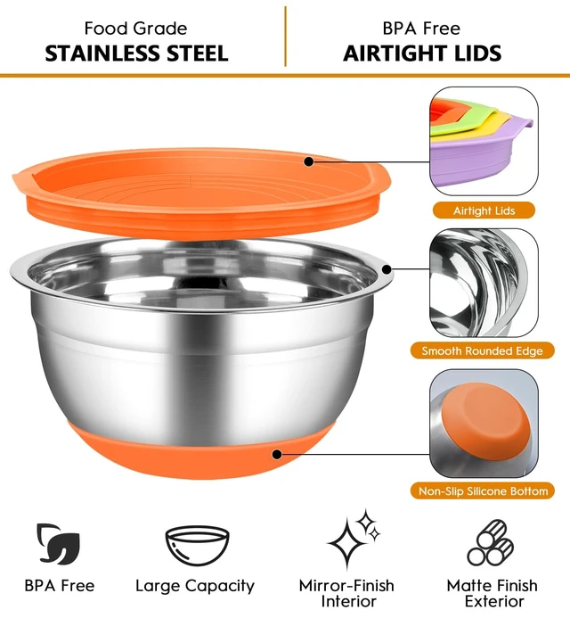 Alt view image 2 of 7 - Mixing Bowls with Airtight Lids, 18pcs Stainless Steel Mixing Bowls Set | Nesting Non-slip Silicone Bowls Bottom, Size 4.5, 3.6, 2.7, 2.1, 1.7, 1.1, 0.7 qt, Fit for Mixing & Serving(Colorful )