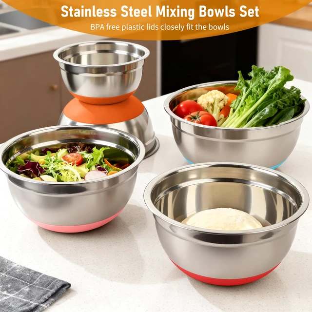 Alt view image 7 of 7 - Mixing Bowls with Airtight Lids, 18pcs Stainless Steel Mixing Bowls Set | Nesting Non-slip Silicone Bowls Bottom, Size 4.5, 3.6, 2.7, 2.1, 1.7, 1.1, 0.7 qt, Fit for Mixing & Serving(Colorful )